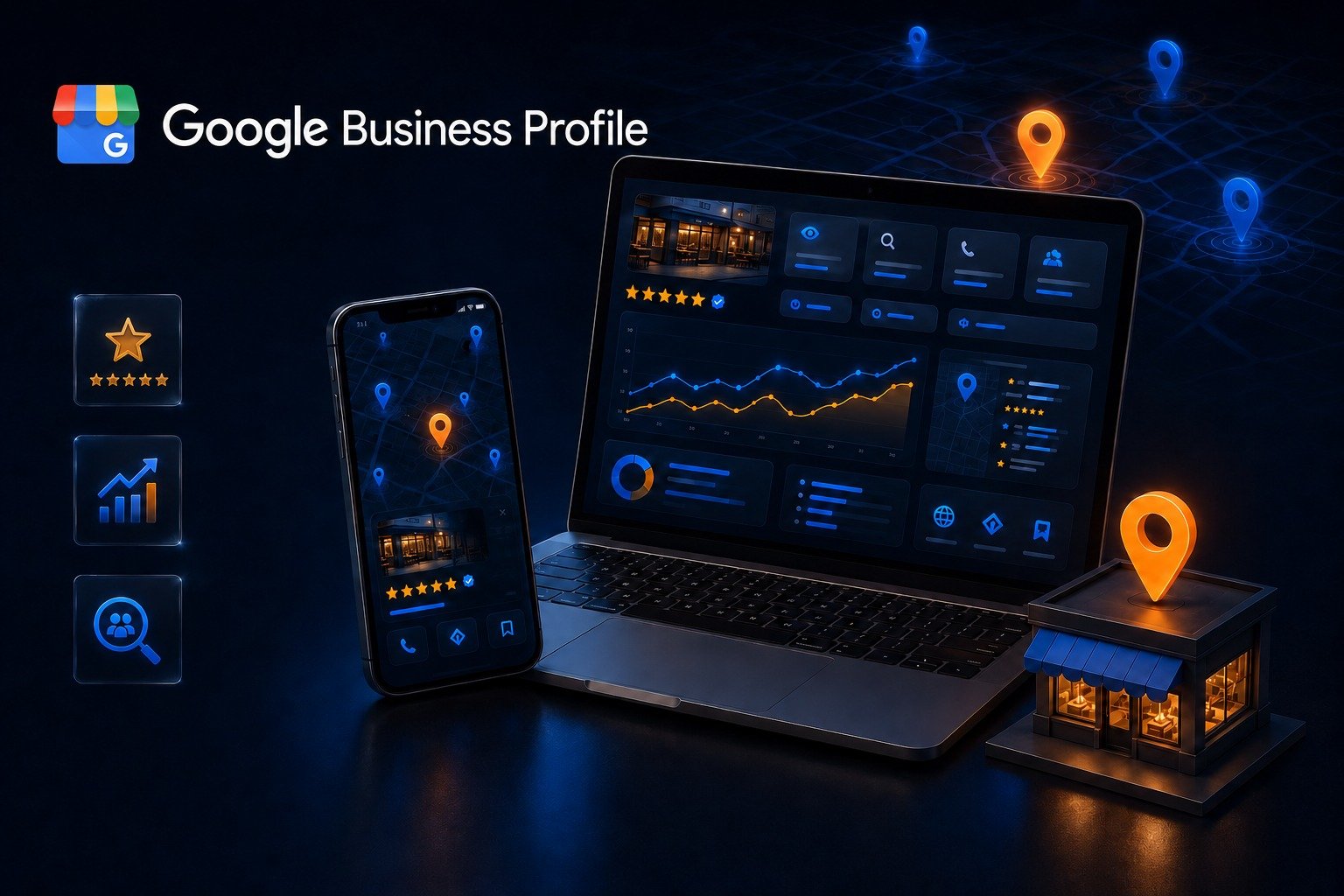 Local SEO and Google Business Profile dashboard showing local rankings, maps visibility and customer reviews
